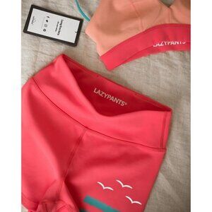 NWT Lazypants coral pink peach adjustable strap sports bra & shorts bundle set